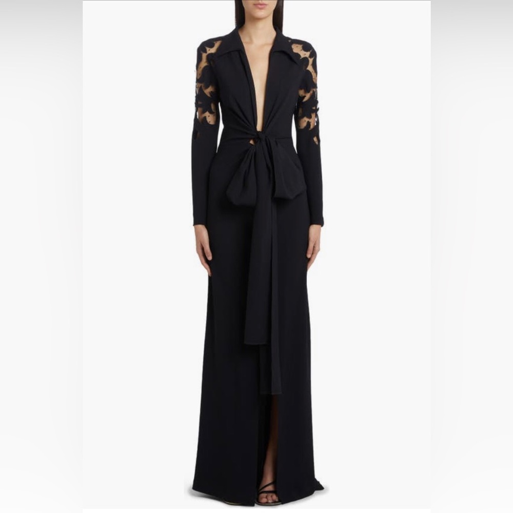 NEW $4000 Etro Cutout Long Sleeve Tulle & Crepe Tie Front Gown, Nero, 6US / 42IT